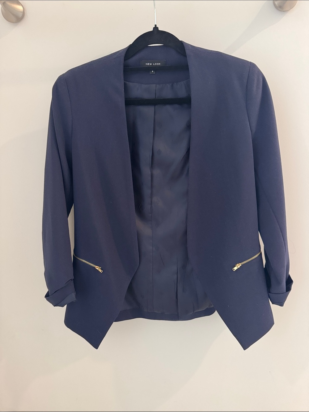 New Look Navy Open Blazer with Gold Zip Accents